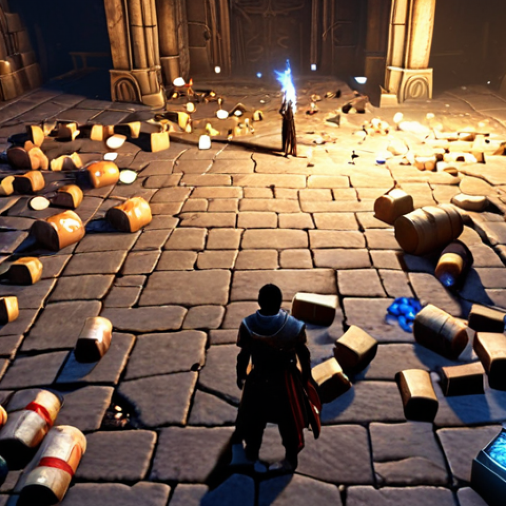 A Lineage M character, mid-battle in a dungeon, stares in frustration at an overflowing, chaotic inventory interface, a "Full" notification prominently displayed. Valuable loot glows on the ground nearby, unattainable. The scene conveys stress, missed opportunities, and the feeling of being overwhelmed by too many items. The character looks distressed and hurried.