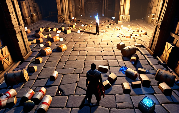 A Lineage M character, mid-battle in a dungeon, stares in frustration at an overflowing, chaotic inventory interface, a "Full" notification prominently displayed. Valuable loot glows on the ground nearby, unattainable. The scene conveys stress, missed opportunities, and the feeling of being overwhelmed by too many items. The character looks distressed and hurried.