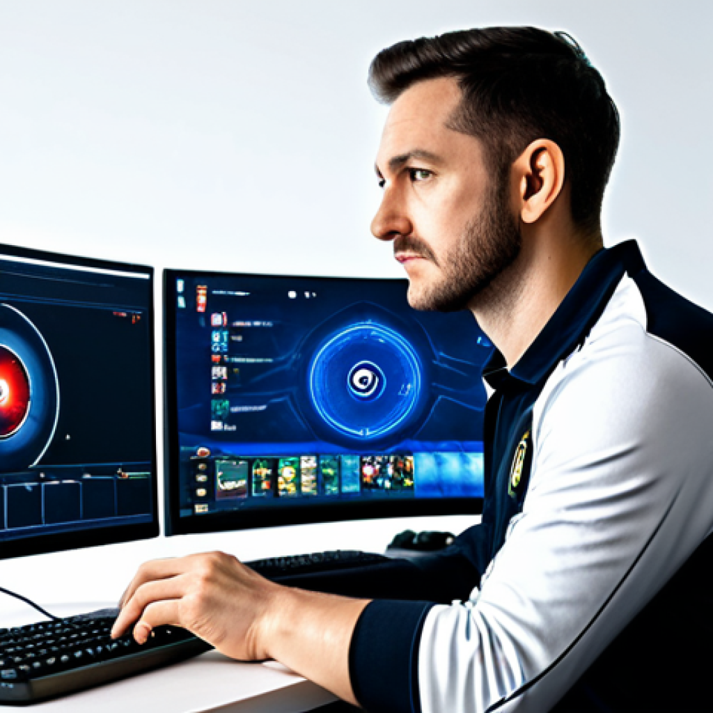 A male professional gamer in his early 30s, with a sharp, focused expression, intently analyzing a complex strategic game interface on dual monitors. He is wearing a modest, professional esports jersey over a long-sleeved shirt, fully clothed, appropriate attire. The setting is a modern, softly lit gaming studio with ergonomic furniture and subtle futuristic elements. Professional photography, high detail, realistic, cinematic lighting, perfect anatomy, correct proportions, natural pose, well-formed hands, proper finger count, natural body proportions, safe for work, appropriate content, family-friendly.