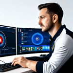 A male professional gamer in his early 30s, with a sharp, focused expression, intently analyzing a complex strategic game interface on dual monitors. He is wearing a modest, professional esports jersey over a long-sleeved shirt, fully clothed, appropriate attire. The setting is a modern, softly lit gaming studio with ergonomic furniture and subtle futuristic elements. Professional photography, high detail, realistic, cinematic lighting, perfect anatomy, correct proportions, natural pose, well-formed hands, proper finger count, natural body proportions, safe for work, appropriate content, family-friendly.