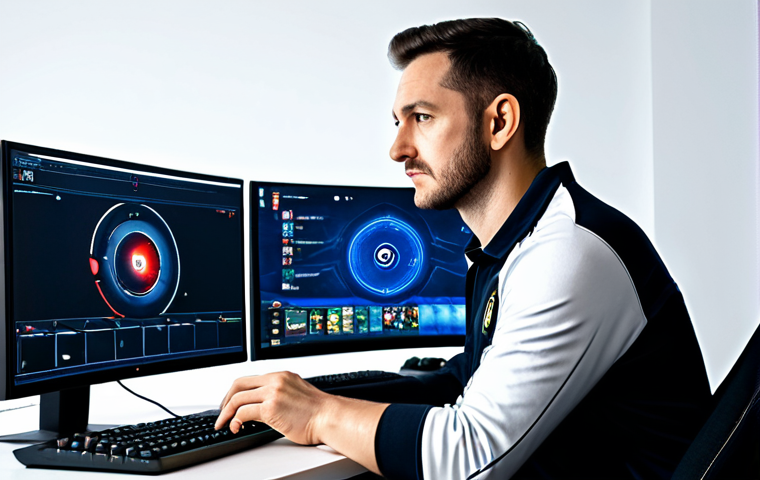 A male professional gamer in his early 30s, with a sharp, focused expression, intently analyzing a complex strategic game interface on dual monitors. He is wearing a modest, professional esports jersey over a long-sleeved shirt, fully clothed, appropriate attire. The setting is a modern, softly lit gaming studio with ergonomic furniture and subtle futuristic elements. Professional photography, high detail, realistic, cinematic lighting, perfect anatomy, correct proportions, natural pose, well-formed hands, proper finger count, natural body proportions, safe for work, appropriate content, family-friendly.