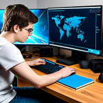 A focused and intelligent young adult gamer, either male or female, wearing a modest, comfortable t-shirt and jeans, sitting attentively at a clean, modern desk. They are looking at a large computer monitor displaying a vibrant, fantasy RPG world reminiscent of Lineage M, with characters engaged in PvE combat. On the desk are notebooks with strategic diagrams and a high-tech gaming keyboard and mouse. The room is well-lit, suggesting a professional home office environment. The overall mood is one of deep concentration and strategic planning, embodying the thoughtful approach to gaming. safe for work, appropriate content, fully clothed, professional, perfect anatomy, correct proportions, natural pose, well-formed hands, proper finger count, natural body proportions, professional photography, high quality.
