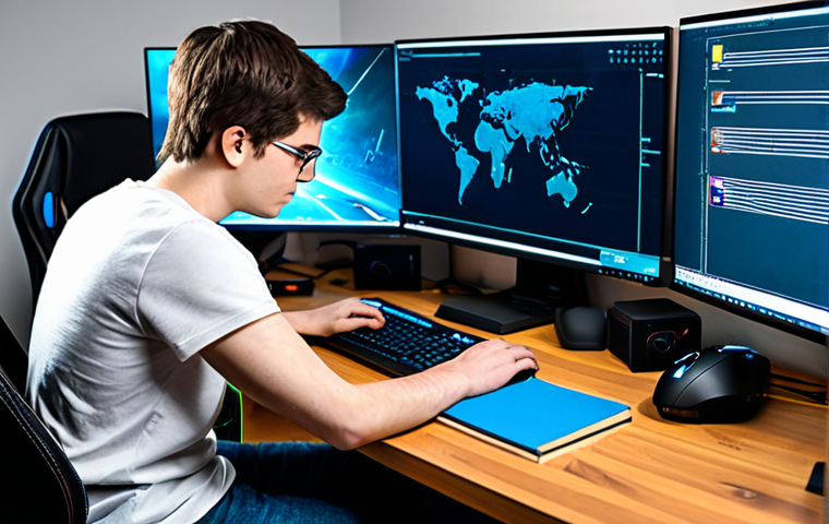 A focused and intelligent young adult gamer, either male or female, wearing a modest, comfortable t-shirt and jeans, sitting attentively at a clean, modern desk. They are looking at a large computer monitor displaying a vibrant, fantasy RPG world reminiscent of Lineage M, with characters engaged in PvE combat. On the desk are notebooks with strategic diagrams and a high-tech gaming keyboard and mouse. The room is well-lit, suggesting a professional home office environment. The overall mood is one of deep concentration and strategic planning, embodying the thoughtful approach to gaming. safe for work, appropriate content, fully clothed, professional, perfect anatomy, correct proportions, natural pose, well-formed hands, proper finger count, natural body proportions, professional photography, high quality.