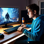**Prompt:** A determined Lineage M player, fully clothed in comfortable gaming attire, illuminated by the glow of a monitor, focused on the screen, surrounded by energy drinks and gaming peripherals, in a cozy apartment setting, safe for work, appropriate content, perfect anatomy, natural proportions, digital art.