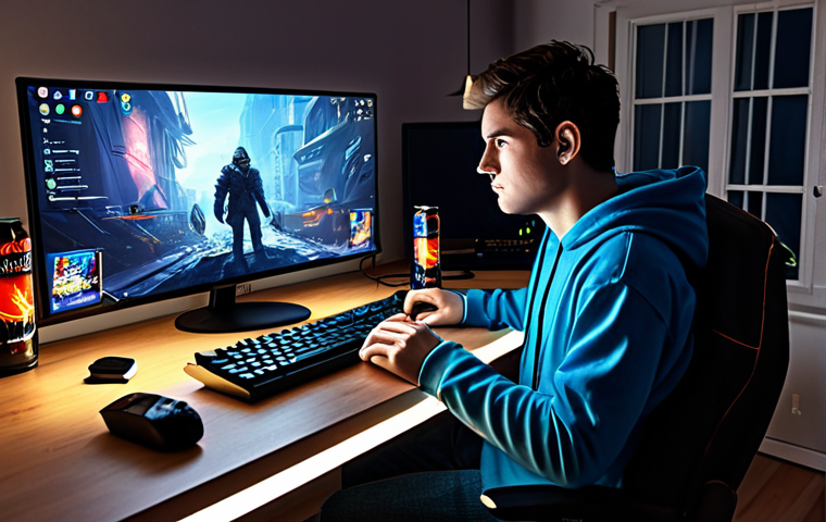 **Prompt:** A determined Lineage M player, fully clothed in comfortable gaming attire, illuminated by the glow of a monitor, focused on the screen, surrounded by energy drinks and gaming peripherals, in a cozy apartment setting, safe for work, appropriate content, perfect anatomy, natural proportions, digital art.