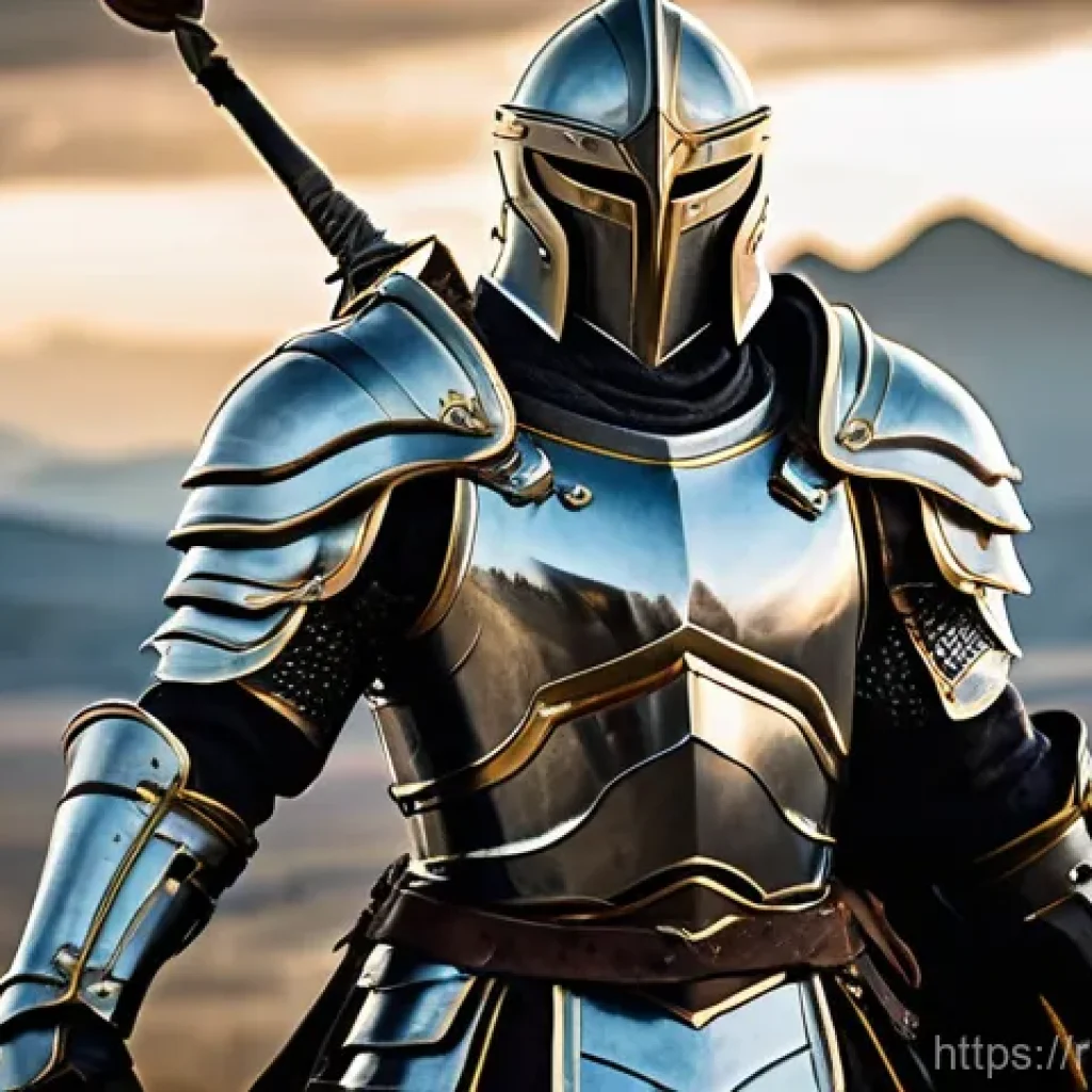 리니지M 초보자 필수 아이템 - **Prompt:** A powerful male fantasy warrior, fully encased in intricate, polished dark steel plate a...