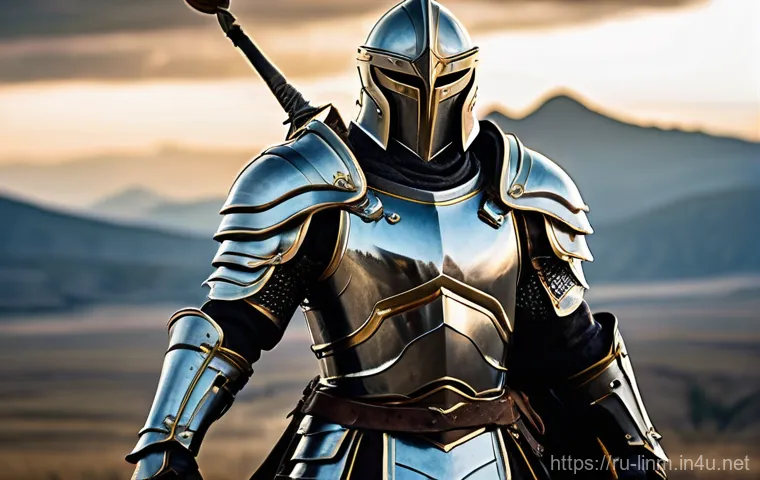 리니지M 초보자 필수 아이템 - **Prompt:** A powerful male fantasy warrior, fully encased in intricate, polished dark steel plate a...