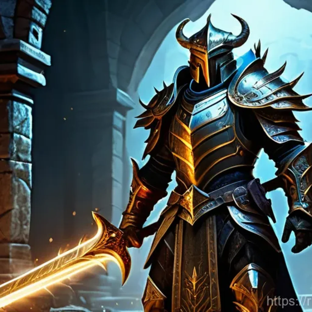 리니지M 희귀 장비 도감 - A powerful male warrior, clad in gleaming, intricately detailed full fantasy plate armor that covers...