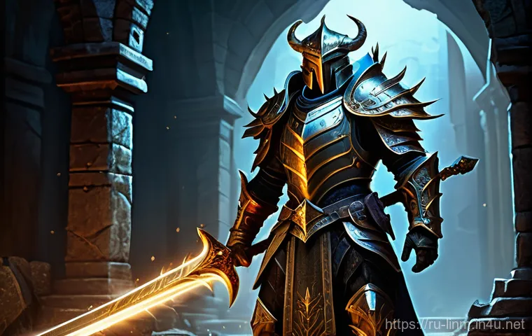 리니지M 희귀 장비 도감 - A powerful male warrior, clad in gleaming, intricately detailed full fantasy plate armor that covers...