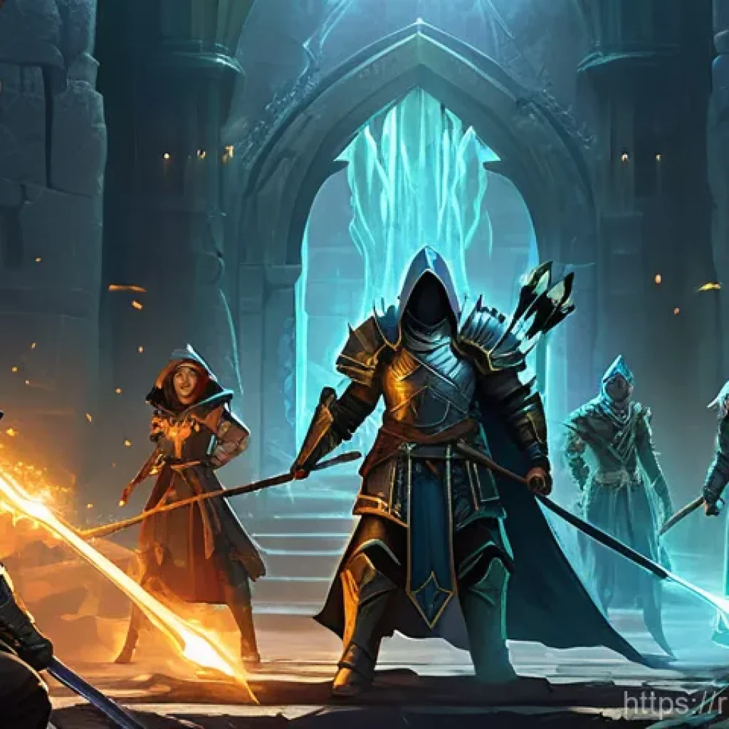 리니지M 초보자 혈맹 가입 - **Prompt 1: "A diverse group of fantasy adventurers, a heavily armored warrior, a robed mage casting...