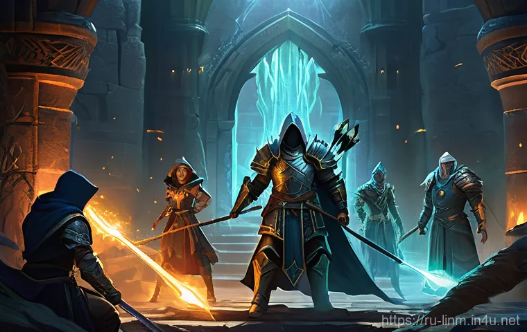 리니지M 초보자 혈맹 가입 - **Prompt 1: "A diverse group of fantasy adventurers, a heavily armored warrior, a robed mage casting...