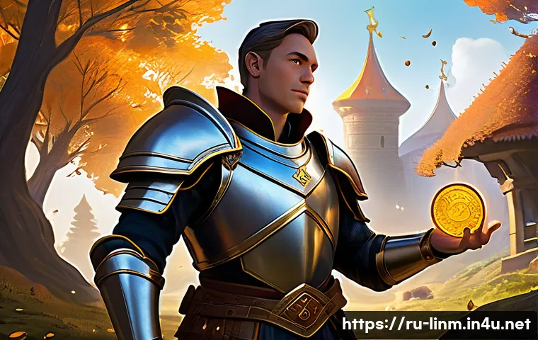 리니지M 유료 아이템 효율성 분석 - A determined male Human Knight character in a vibrant fantasy world, mid-level, wearing sturdy, full...
