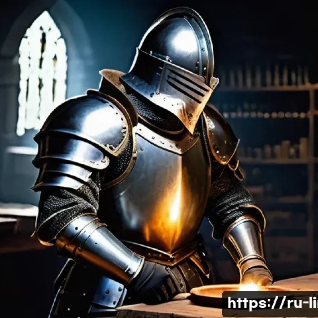 리니지M 공성전 준비물 목록 - **Prompt 1: The Meticulous Warrior's Readiness** "A detailed, full-body shot of a medieval fanta...