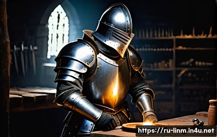 리니지M 공성전 준비물 목록 - **Prompt 1: The Meticulous Warrior's Readiness** "A detailed, full-body shot of a medieval fanta...