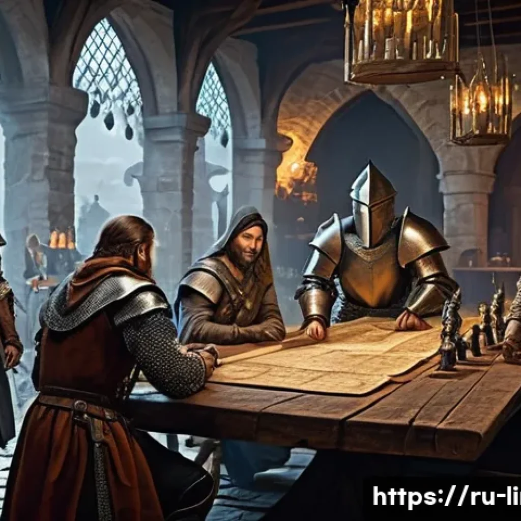 리니지M 공성전 최종 전략 - A detailed scene of a medieval guild preparing for a castle siege at dawn: diverse armored warriors ...