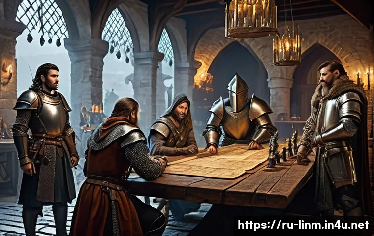 리니지M 공성전 최종 전략 - A detailed scene of a medieval guild preparing for a castle siege at dawn: diverse armored warriors ...