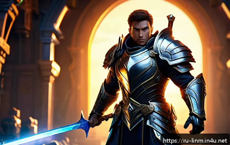 리니지M 공식 이벤트 활용 - A detailed fantasy RPG scene featuring a heroic character equipped with rare, glowing armor and a sw...