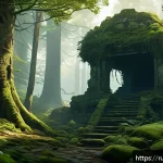 Home 22 리니지M 희귀 몬스터 위치 - A dense, mysterious forest scene at dawn with thick shadows and ancient, overgrown ruins scattered a...