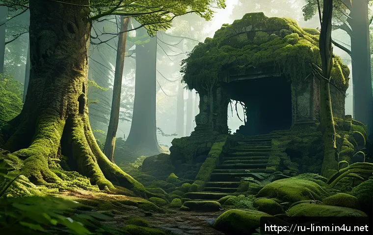 리니지M 희귀 몬스터 위치 - A dense, mysterious forest scene at dawn with thick shadows and ancient, overgrown ruins scattered a...