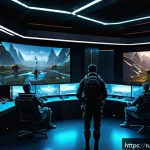 Home 21 리니지M 클랜 시스템 활용법 - A dynamic and detailed scene inside a futuristic clan headquarters, showing diverse players gathered...
