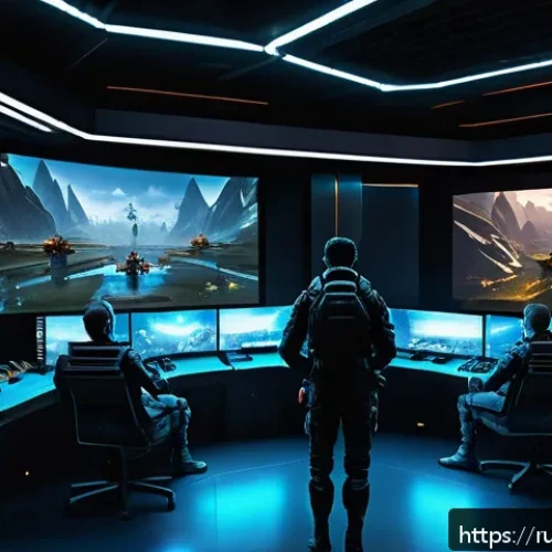 Home 33 리니지M 클랜 시스템 활용법 - A dynamic and detailed scene inside a futuristic clan headquarters, showing diverse players gathered...