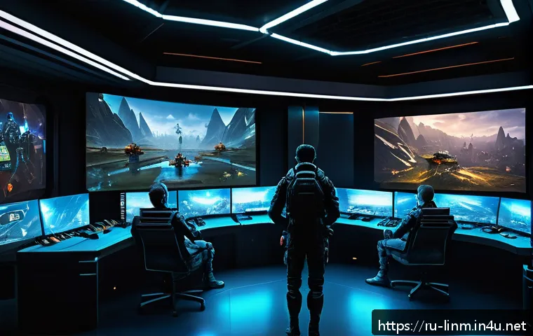 리니지M 클랜 시스템 활용법 - A dynamic and detailed scene inside a futuristic clan headquarters, showing diverse players gathered...