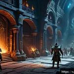 Home 20 리니지M 희귀 아이템 리뷰 - A dynamic fantasy raid scene inside a dark, ancient dungeon filled with glowing magical runes on sto...