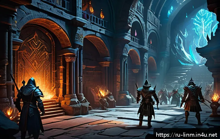 리니지M 희귀 아이템 리뷰 - A dynamic fantasy raid scene inside a dark, ancient dungeon filled with glowing magical runes on sto...
