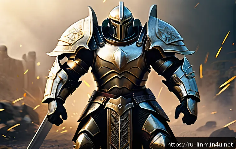 리니지M 클래스 변경 옵션 - A detailed digital artwork of a Lineage M warrior class character in full heavy armor, standing conf...