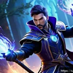 Home 23 리니지M PVP 장비 추천 - A dynamic PvP battle scene featuring a male mage wearing intricate magical armor that balances offen...