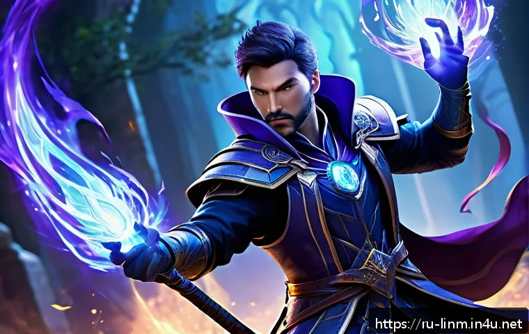 리니지M PVP 장비 추천 - A dynamic PvP battle scene featuring a male mage wearing intricate magical armor that balances offen...