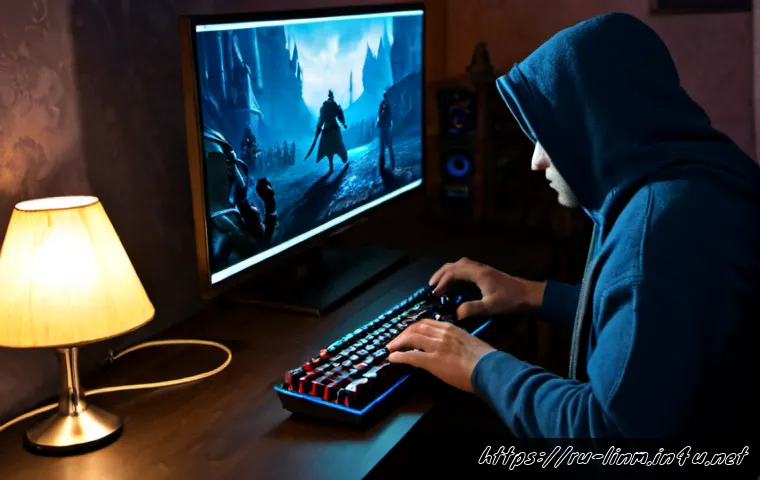 리니지M 전투 기술 사용법 - Photorealistic cinematic fantasy battle scene, a focused Russian adult gamer at a tidy desktop setup...