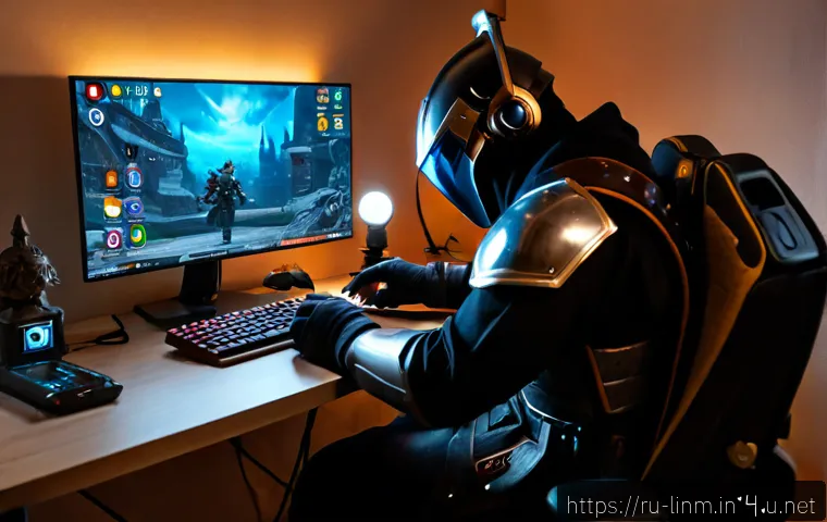 리니지M 공격력 강화 노하우 - Photorealistic Russian mobile gamer at a tidy apartment desk in Moscow, carefully upgrading fantasy ...