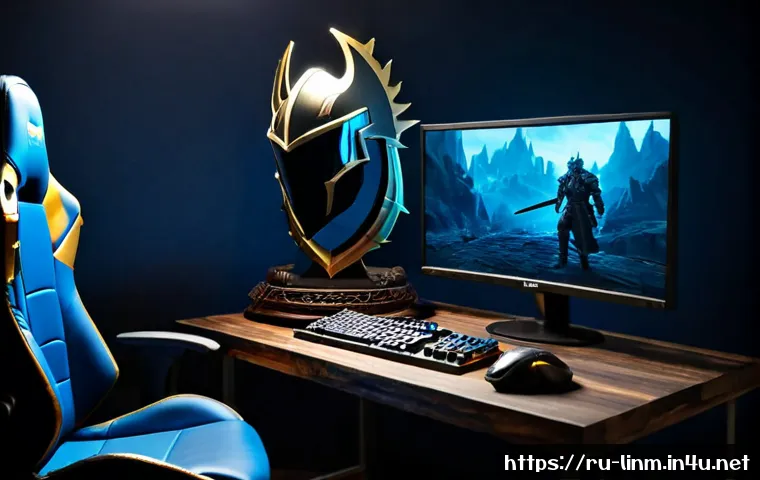 Home 17 리니지M 레어 장비 세트 옵션 - Photorealistic fantasy gaming setup for a rare equipment set comparison, a Russian adult gamer’s des...