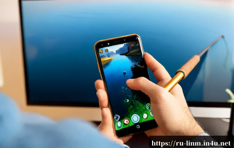 리니지M 낚시 시스템 사용법 - Photorealistic close-up of a Russian gamer’s hands holding a modern smartphone, fantasy MMORPG fishi...