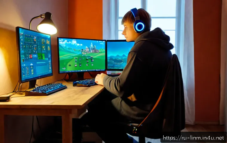 Home 17 리니지M 클래식 모드 특징 - Photorealistic Russian gaming enthusiast in a cozy Moscow apartment, seated at a desktop computer an...